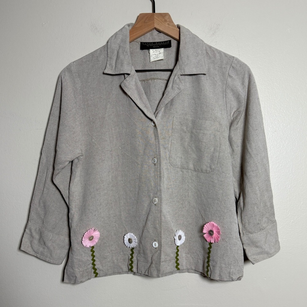 Harve Benard VTG Linen Blend Button Down‎ Shirt 6P Oatmeal Beige Floral Applique